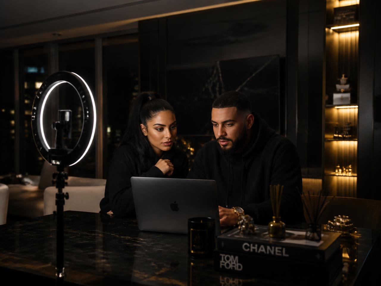 Glossy management team reviewing creator performance in the studio